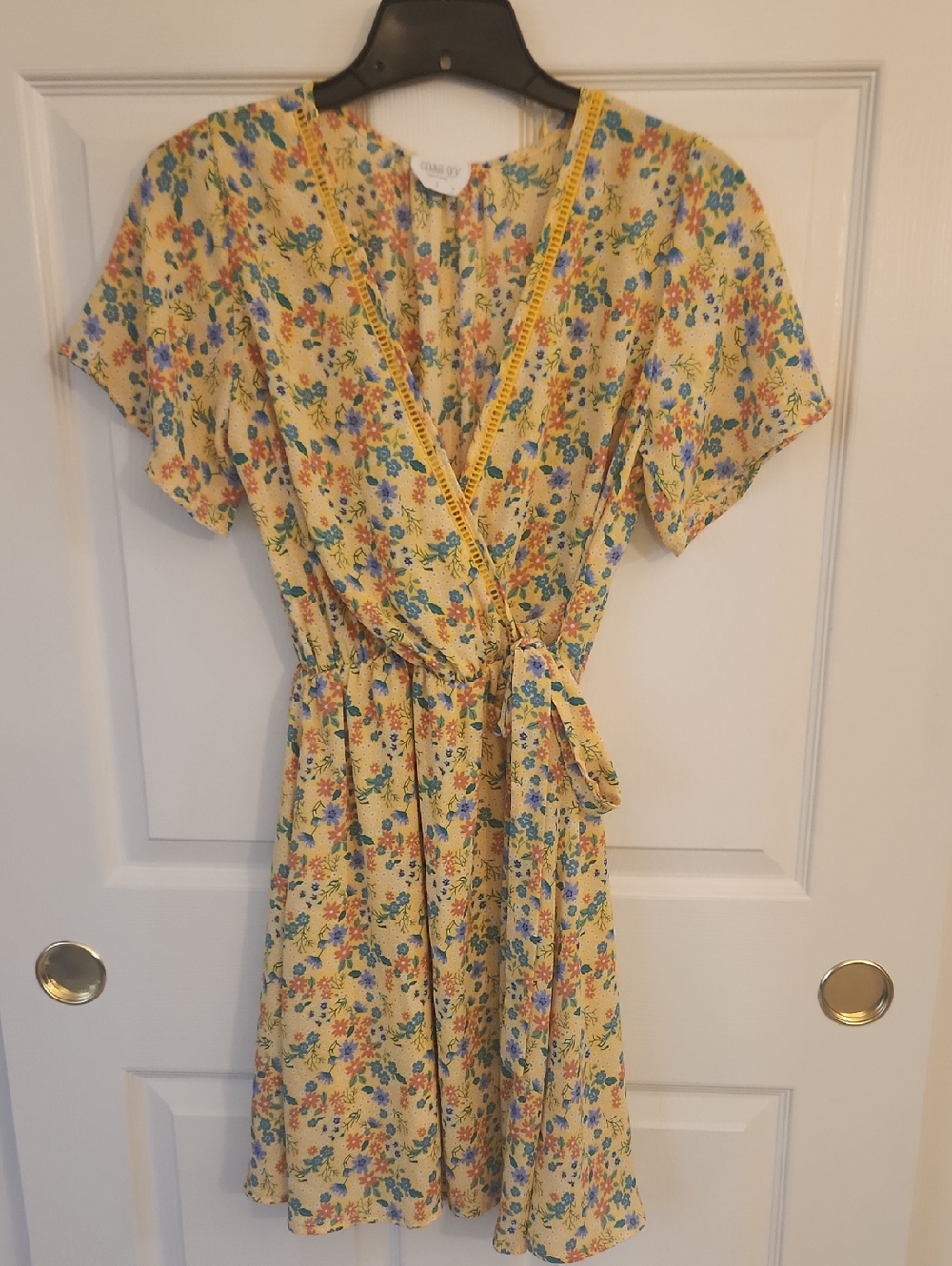 Sienna Sky Butter Yellow Multicolor Floral Dopamine Cottagecore Wrap Dress SizeS